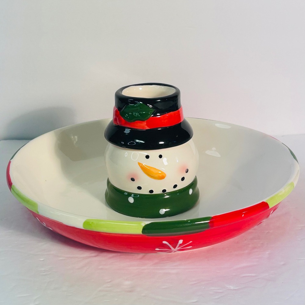 Christmas Snowman Chip & Dip Veggie Dip Tray Hand Painted Ceramic Holiday Magic